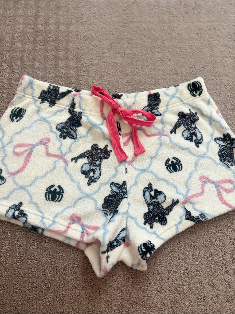 Marvel White Fleece Shorts with Black and Pink Spider Motif